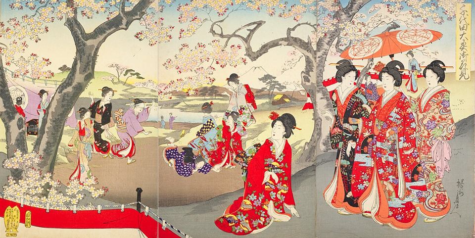楊洲周延「千代田之大奥 御花見」。満開の桜の下で、着物姿の奥女中たちが花見を楽しんでいる三枚続きの浮世絵
