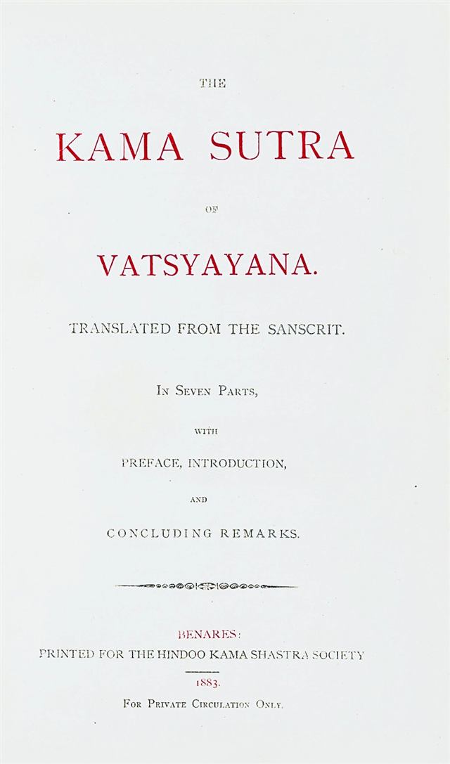 1883年刊行の英訳『The Kama Sutra of Vatsyayana』の扉ページ。下部に「For Private Circulation Only」と印刷されている