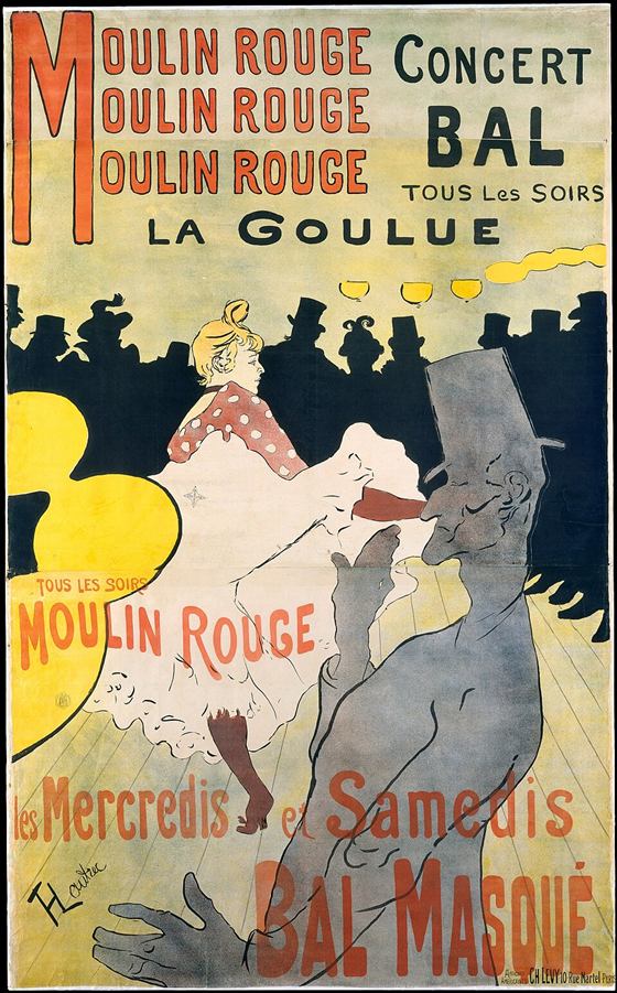 トゥールーズ＝ロートレックのポスター「ムーラン・ルージュ、ラ・グーリュ」。カンカンを踊る女性と、手前のシルクハットの男性が描かれている